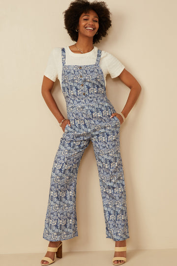 HK1858 BLUE Womens Txtured Floral Print Wideleg Overall Jumpsuit Full Body